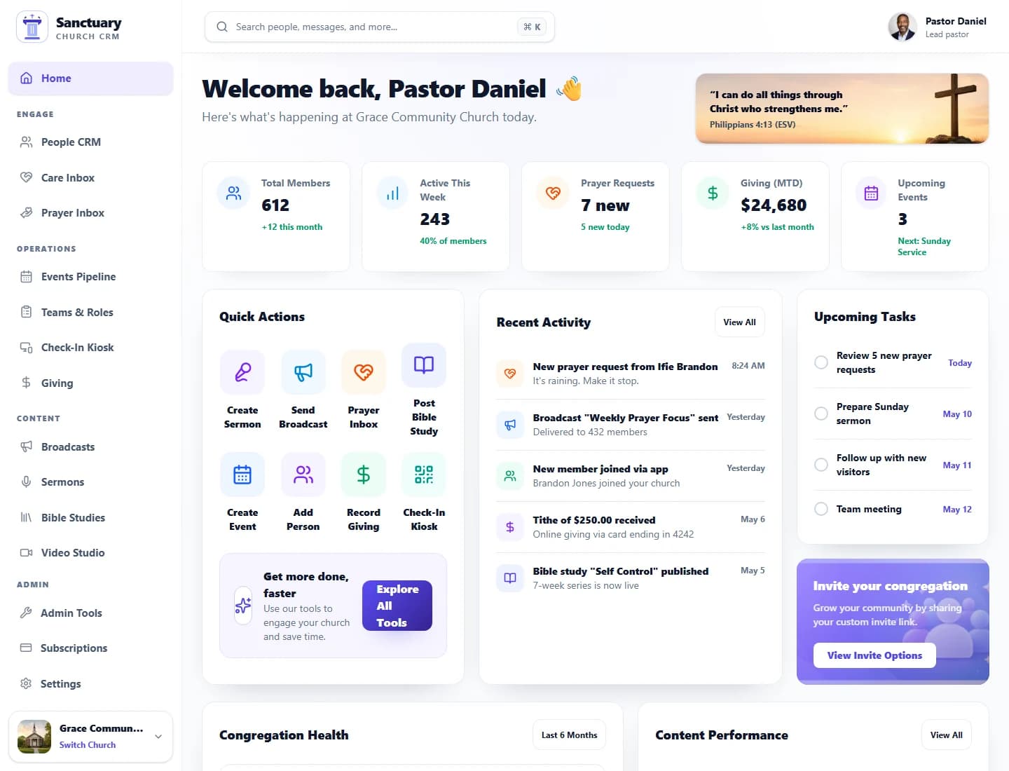 Sanctuary Church & Ministry Portal congregation dashboard