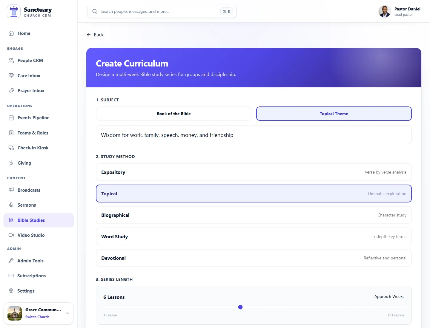 Sanctuary Church & Ministry Portal curriculum builder screen