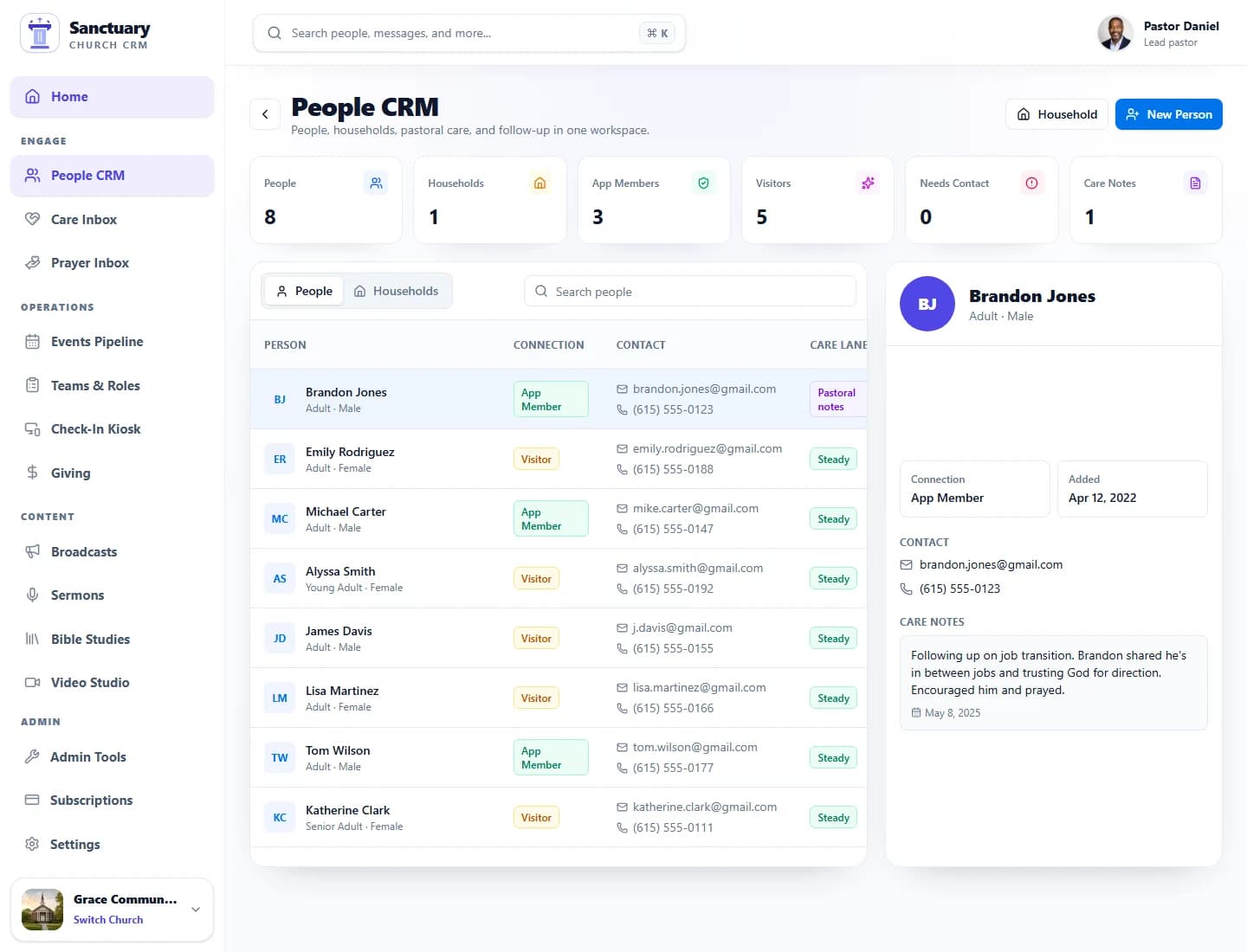 Sanctuary Church & Ministry Portal people CRM screen