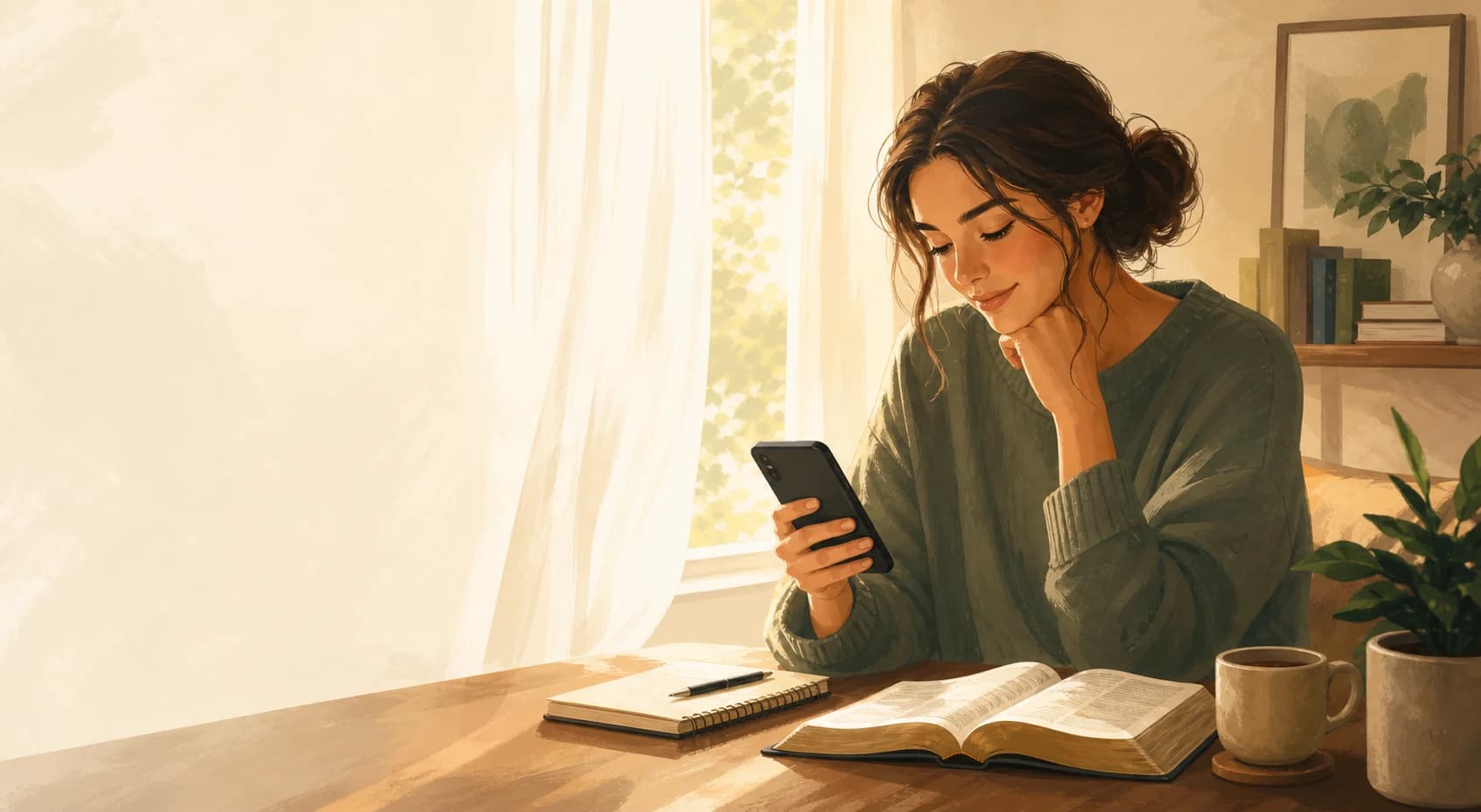 Illustration of a peaceful morning with a person using Sanctuary beside a Bible and notebook